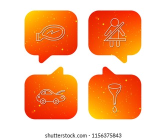 Car mirror repair, oil change and seat belt icons. Fasten seat belt linear sign. Orange Speech bubbles with icons set. Soft color gradient chat symbols. Vector