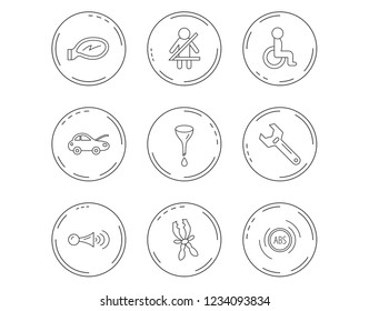 Car mirror repair, oil change and wrench tool icons. ABS, klaxon signal and fasten seat belt linear signs. Disabled person icons. Linear Circles web buttons with icons. Vector