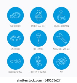 Car mirror repair, oil change and wrench tool icons. ABS, klaxon signal and fasten seat belt linear signs. Disabled person icons. Blue circle buttons set. Linear icons.