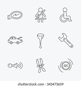 Car mirror repair, oil change and wrench tool icons. ABS, klaxon signal and fasten seat belt linear signs. Disabled person icons. Linear black icons on white background.