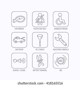 Car mirror repair, oil change and wrench tool icons. ABS, klaxon signal and fasten seat belt linear signs. Disabled person icons. Flat linear icons in squares on white background. Vector