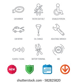 Car mirror repair, oil change and wrench tool icons. ABS, klaxon signal and fasten seat belt linear signs. Disabled person icons. New tag, shield and calendar web icons. Download arrow. Vector