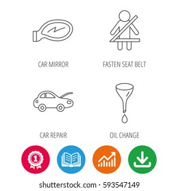 Car mirror repair, oil change and seat belt icons. Fasten seat belt linear sign. Award medal, growth chart and opened book web icons. Download arrow. Vector