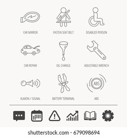 Car mirror repair, oil change and wrench tool icons. ABS, klaxon signal and fasten seat belt linear signs. Disabled person icons. Education book, Graph chart and Chat signs. Vector