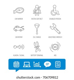 Car mirror repair, oil change and wrench tool icons. ABS, klaxon signal and fasten seat belt linear signs. Disabled person icons. Report file, Graph chart and Chat speech bubble signs. Vector