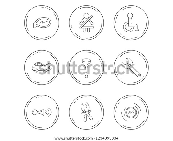 Car mirror repair,
oil change and wrench tool icons. ABS, klaxon signal and fasten
seat belt linear signs. Disabled person icons. Linear Circles web
buttons with icons. Vector