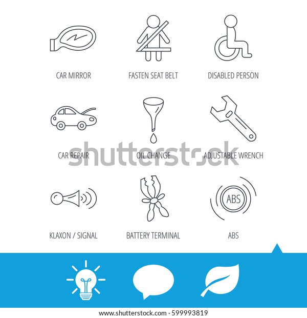 Car mirror\
repair, oil change and wrench tool icons. ABS, klaxon signal and\
fasten seat belt linear signs. Disabled person icons. Light bulb,\
speech bubble and leaf web icons.\
Vector
