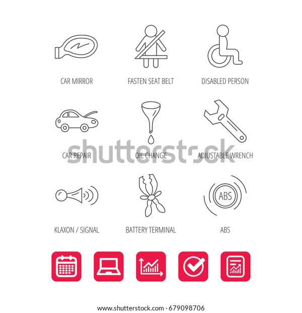 Car\
mirror repair, oil change and wrench tool icons. ABS, klaxon signal\
and fasten seat belt linear signs. Disabled person icons. Report\
document, Graph chart and Calendar signs.\
Vector
