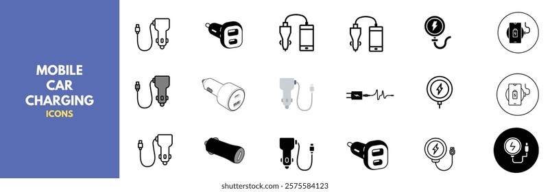 car mobile charger icon. Vector illustrations of car chargers and adapters for mobile devices. Ideal for automotive and tech themes.