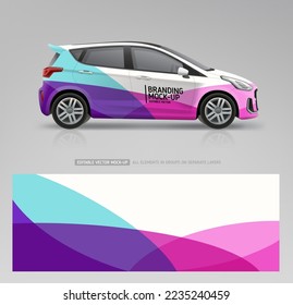 Car mockup and branding sticker wrap design. Company Car mockup. Branding vehicle graphics. Abstract corporate identity background dsgn for company car. Editable vector template