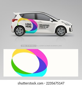 Car mockup and branding sticker wrap design. Company Car vector mockup. Branding vehicle graphics. Abstract graphics corporate identity background dsgn for company car. Branding vehicle