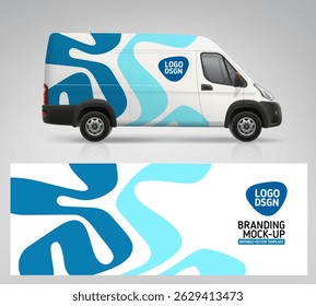 Car mockup of Van with wrap branding design. Abstract graphics of blue stripes wrap decal design for transport. Branding vehicle. Horizontal AD banner or flyer. Editable vector template