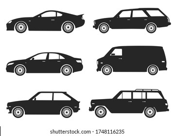 Car Model and Type. Objects icons automobile set. Black vector illustration isolated on white background with shadow. Variants of automobile body, car silhouette for web, template.