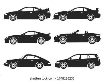 Car Model and Type. Objects icons automobile set. Black vector illustration isolated on white background with shadow. Variants of automobile body, car silhouette for web, template.