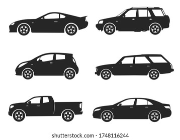 Car Model and Type. Objects icons automobile set. Black vector illustration isolated on white background with shadow. Variants of automobile body, car silhouette for web, template.