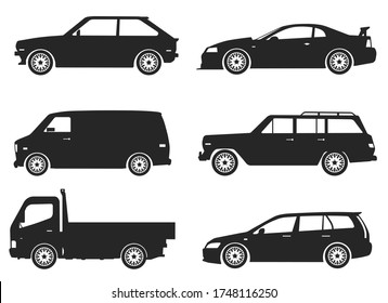 Car Model and Type. Objects icons automobile set. Black vector illustration isolated on white background with shadow. Variants of automobile body, car silhouette for web, template.