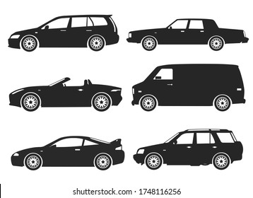 Car Model and Type. Objects icons automobile set. Black vector illustration isolated on white background with shadow. Variants of automobile body, car silhouette for web, template.
