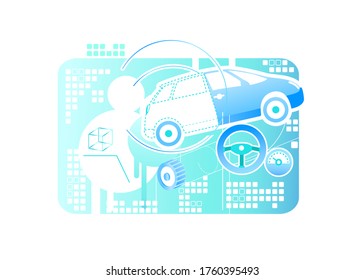Car modeling 2D vector web banner, poster. Virtual reality educational program flat object on cartoon background. Simulator for entertainment. Building automobile with computer software colorful scene