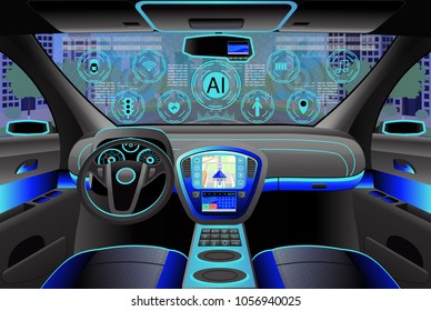 Modernes Interieur, Cockpit-Blick innen.  Vektorgrafik. Künstliche Intelligenz
