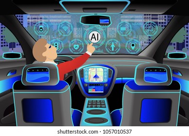 Car Modern Interior With A Driver,
Cockpit View Inside. Vector Illustration. Artificial Intelligence.
