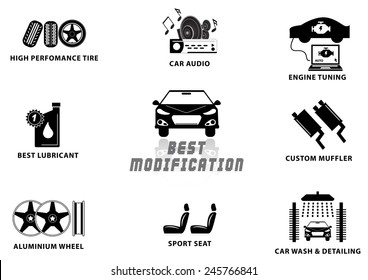 CAR MODIFICATION (high Performance Tire, Audio, Engine Tuning, Lubricant, Custom Muffler, Alumunium Wheel, Sport Seat, Car Wash Detailing) Illustration, Easy To Modify