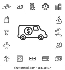 Car with money,  Brinks truck. thin line money icon set