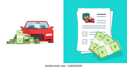 Car money finance credit concept vector or automobile insurance contract policy document form with shield warranty and cash, tax expenses or cost price budget idea, vehicle accident coverage claim 