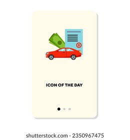 Icono de vector plano de coche y dinero. Reparación de autos, letrero aislado de seguro. El servicio de coches y el concepto de mantenimiento. Elementos de símbolo de ilustración vectorial para diseño web y aplicaciones