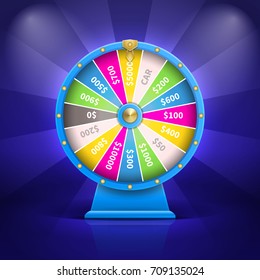 Car and money on fortune wheel of pink, grey, yellow and green colors depicted on vector illustration on dark-blue and light-blue background.