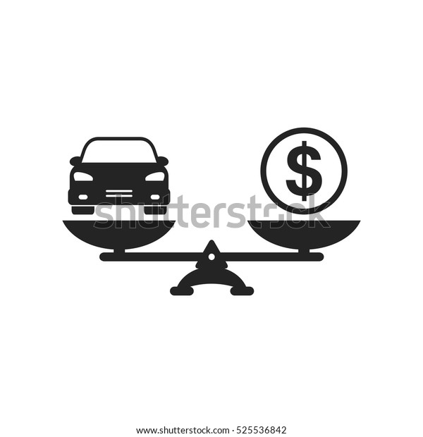 Car and money on scales\
icon, vector. Scales with car and dollar coin in flat style. Car\
price concept.