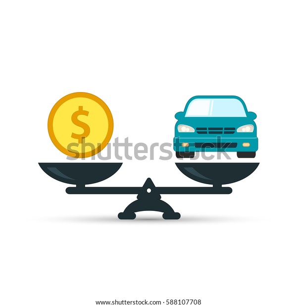 Car and money on\
scales icon, vector. Scales with car and dollar coin in flat style.\
Buying car concept.