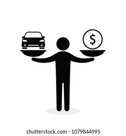 Car and money on scales, man balances car and coin on scale, vector flat style concept.