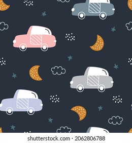 Auto und Mond auf mariniertem Hintergrund - nahtloses Muster für Kinder, handgezeichnet in Cartoon-Designs für Textilien, Bekleidungsstile, Mode, Tapete, Vektorgrafik