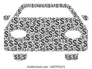 Car mosaic of dollar symbols. Vector dollar currency pictograms are combined into car illustration.