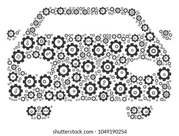 Car mosaic of gears. Vector mechanical wheel elements are composed into car collage.
