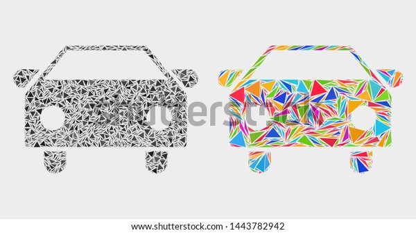 Car mosaic icon of triangle items which have\
different sizes and shapes and colors. Geometric abstract vector\
design concept of car. Random triangle items are united into bright\
colored car mosaic.
