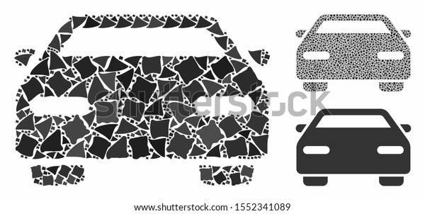 Car mosaic of\
irregular items in variable sizes and color tones, based on car\
icon. Vector bumpy parts are combined into collage. Car icons\
collage with dotted\
pattern.