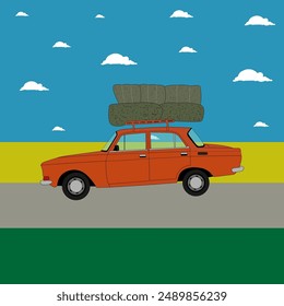 car, moskwisch, picture, color, illustration, nature, haymaking, summer
