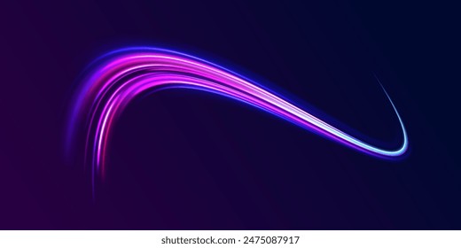 Rastros de movimiento del coche. Fondo de Vector de movimiento de línea de velocidad. Textura deportiva de neón azul dinámico. Chispas brillantes de color de onda espiral.	