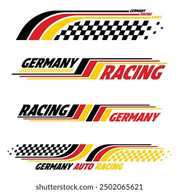 Car and moto sports decals. Belgium checkeres halftone designs for racing tournaments and competitions. Germany bold speed text words with linear patterns