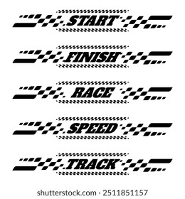 Car and moto sports decals. Black checkered halftone designs for racing tournaments and competitions. Sample bold speed text words with linear patterns