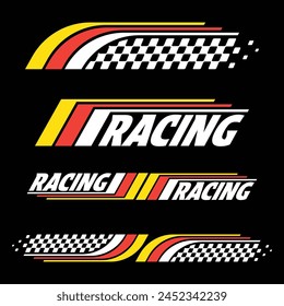 Car and moto sports decals. Horizontal checkeres halftone designs for racing tournaments and competitions. Sample bold speed text words with linear patterns