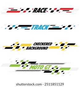 Car and moto sports decals. Lines colour checkered halftone designs for racing tournaments and competitions. Sample bold speed text words with linear patterns