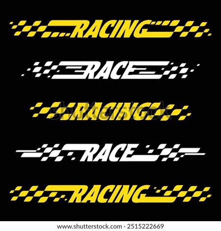 Car and moto sports decals. Lines black checkered halftone designs for racing tournaments and competitions. Sample bold speed text words with linear patterns