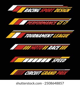 Car and moto sports decals. Race checkered halftone designs for racing tournaments and competitions. Sample bold speed text words with linear patterns