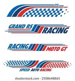 Car and moto sports decals. Speed checkered halftone designs for racing tournaments and competitions. Sport bold speed text words with linear patterns