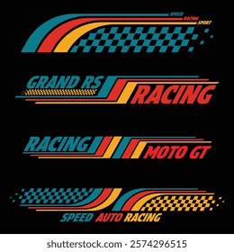 Car and moto sports decals. Speed checkered halftone designs for racing tournaments and competitions. Sport bold speed text words with linear patterns