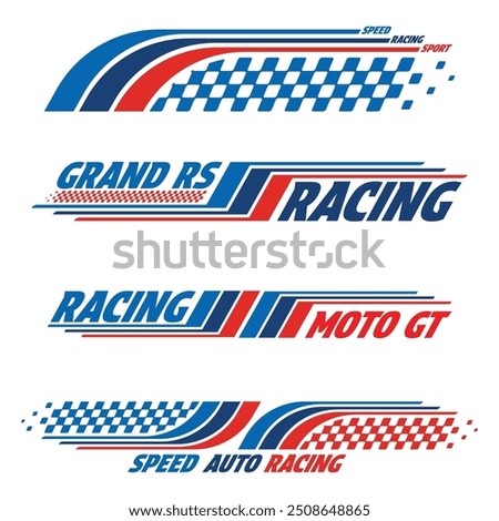 Car and moto sports decals. Speed checkered halftone designs for racing tournaments and competitions. Sport bold speed text words with linear patterns