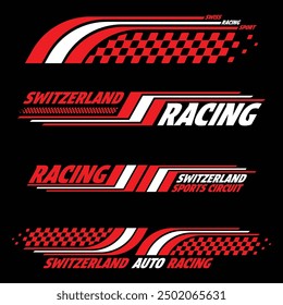 Car and moto sports decals. Switzerland checkeres halftone designs for racing tournaments and competitions. Sample bold speed text words with linear patterns