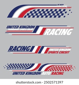 Car and moto sports decals. United Kingdom checkeres halftone designs for racing tournaments and competitions. Sample bold speed text words with linear patterns